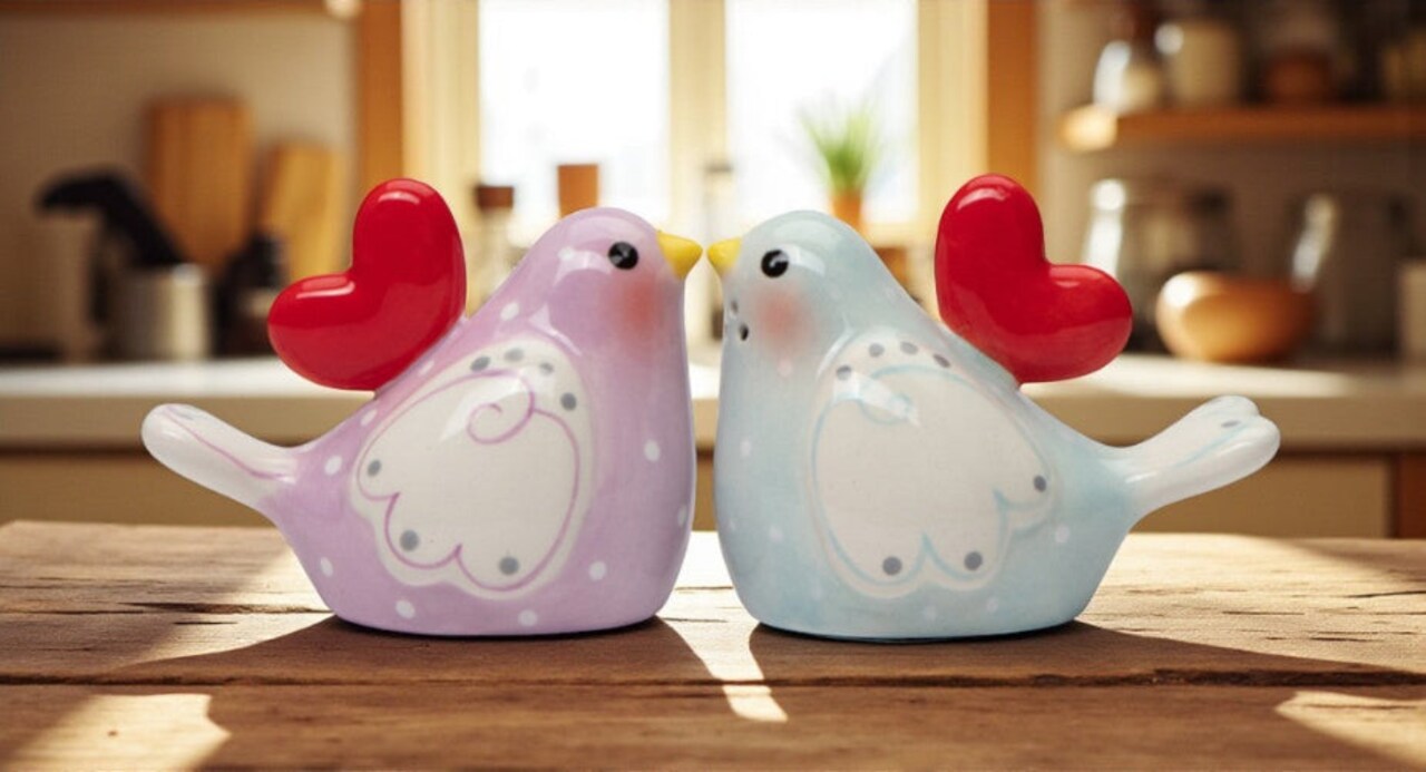Ceramic Lovebirds with Heart Salt and Pepper Shakers, Romantic Kitchenware, Valentines Day Tableware Decor, Wedding Gift Idea, Galentine's Day Gift